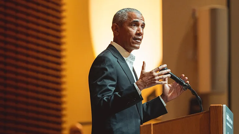 Obama delivered a keynote address on the Stanford campus