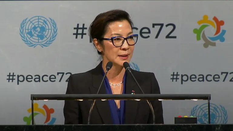 UNDP Goodwill Ambassador Michelle Yeoh addresses the UN General Assembly-j