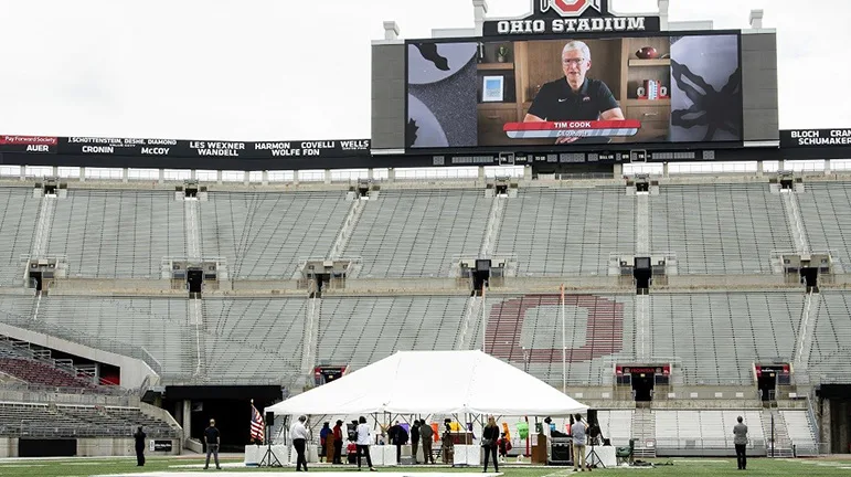 Apple CEO Tim Cook delivered the commencement address via video inside Ohio Stadium