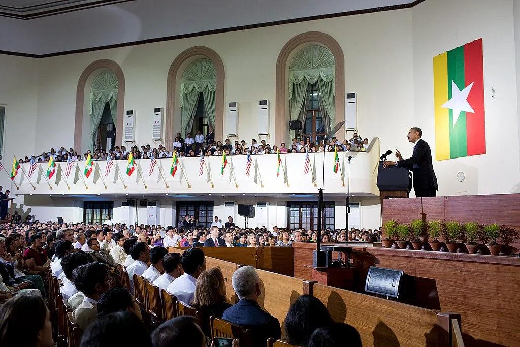 President Barack Obama addresses the Burmese public during a speech in the auditorium at University of Yangon in Rangoon, Burma, Nov. 19, 2012. (Official White House Photo by Pete Souza)