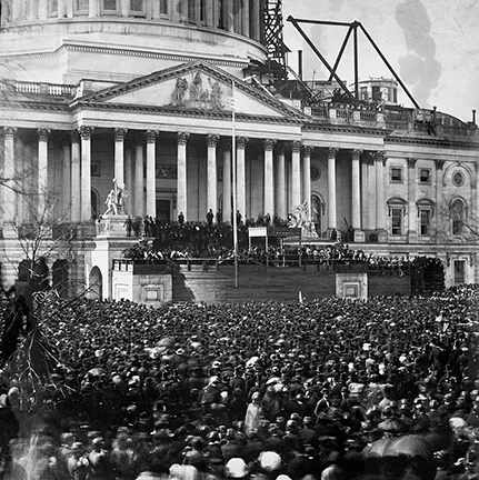 Lincoln's swearing-in at the partially finished U.S. Capitol in Washington, D.C., on March 4, 1861.