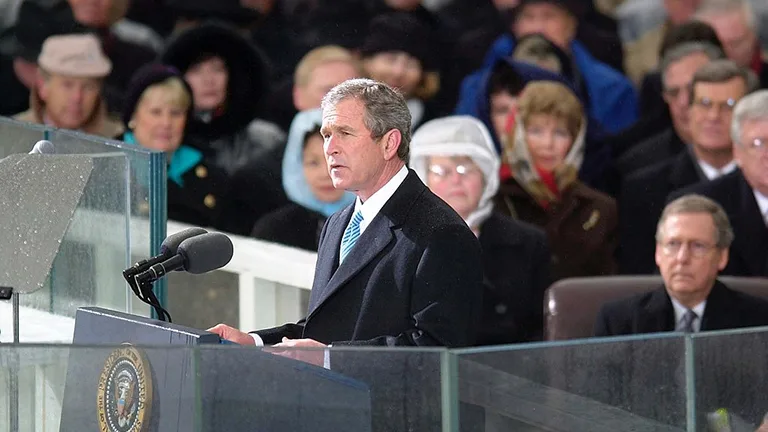 President George W. Bush delivers his Inaugural Address following his swearing-in ceremony in Washington, D.C., Jan. 20, 2001.