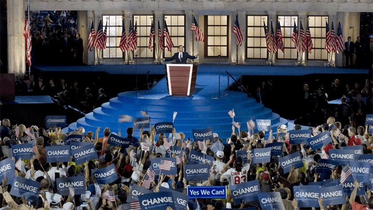 Presidential candidate Barack Obama speaks to the audience at the Democratic National Convention, Denver, Colorado, August 25-28, 2008.