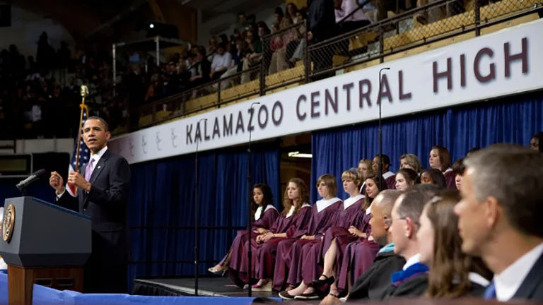 Obama delivers the commencement address to the graduates of Kalamazoo Central High School