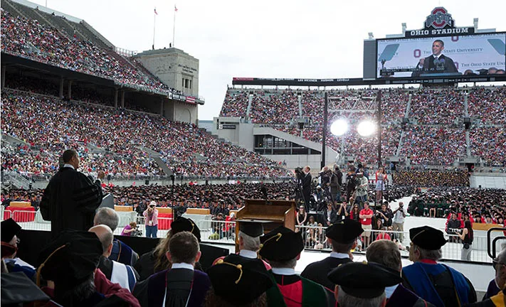 Obama delivers the commencement address at the Ohio State University commencement 2013