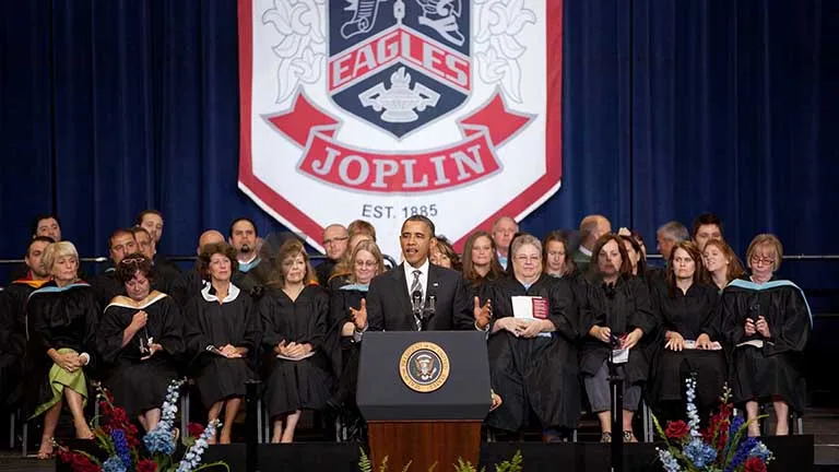 Obama delivers the commencement address to the graduating seniors of Joplin High School